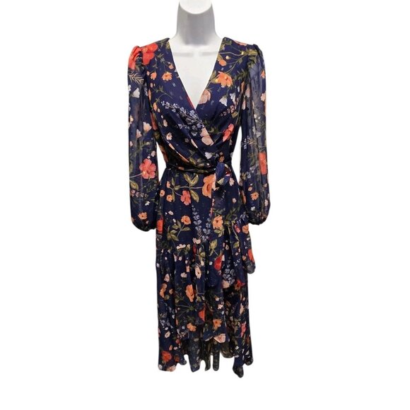 Eliza J Womens 4 Blue Floral Foil Print Surplice V Neck High Low Dress Romantic - Picture 1 of 8